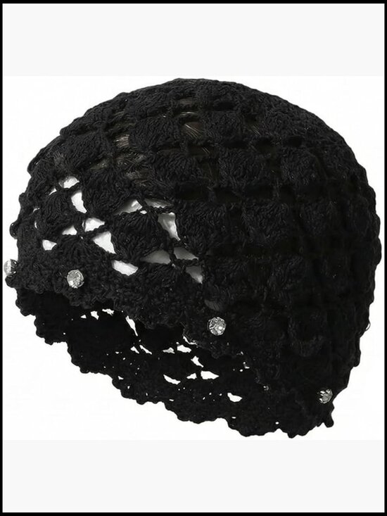 Crochet Knit Beanie Boho Y2K Hollow Out Skull Cap Rhinestone Decor Accessory main image 4